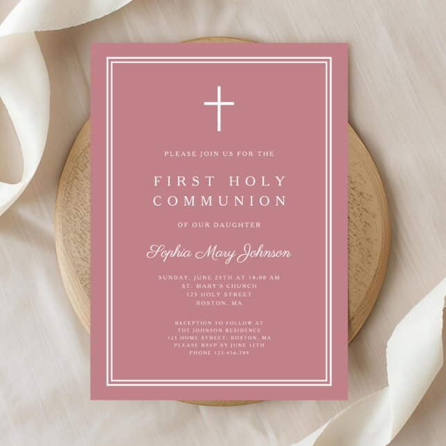 Modern Pink Religious Cross Girl First Communion Einladung (Modern Pink Religious Cross Girl First Communion Invitation)