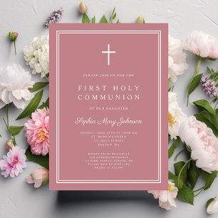 Modern Pink Religious Cross Girl First Communion Einladung