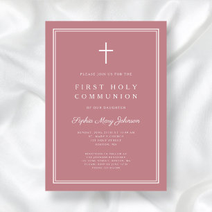 Modern Pink Religious Cross Girl First Communion Einladung