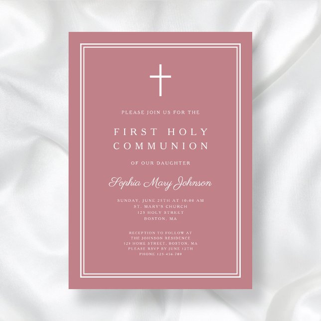 Modern Pink Religious Cross Girl First Communion Einladung (Modern Pink Religious Cross Girl First Communion Invitation)