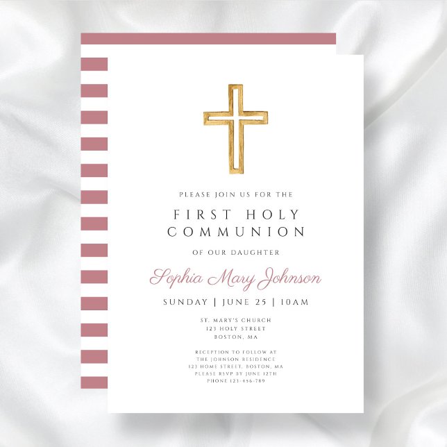 Modern Pink Religious Cross Girl First Communion Einladung (Modern Pink Religious Cross Girl First Communion Invitation)