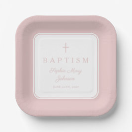 Modern Pink Religius Cross Girl Baptism Pappteller
