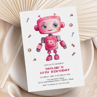 Modern Pink Robot Girl Birthday Party Einladung