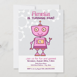 Modern Pink Robot Girls Geburtstagsparty Einladung