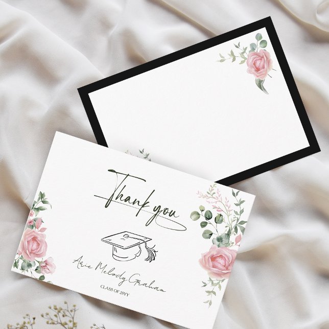 Modern Pink Roses Script Graduation Dankeskarte (Von Creator hochgeladen)