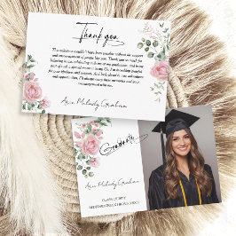 Modern Pink Roses Script Graduation Photo Dankeskarte