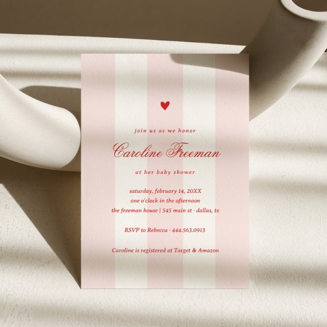 Modern Pink Stripe Heart Valentine Baby Shower Einladung (Von Creator hochgeladen)
