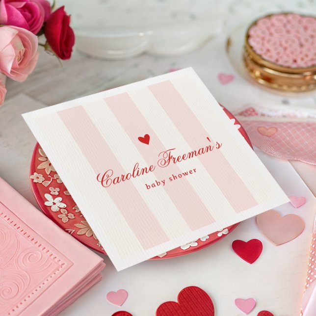 Modern Pink Stripe Heart Valentine Baby Shower Serviette (Von Creator hochgeladen)