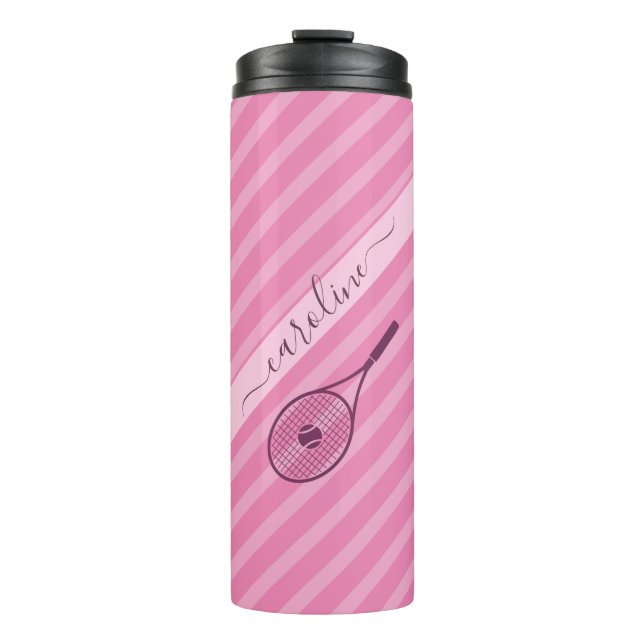 Modern Pink Striped Tennis Thema Kalligrafie Name Thermosbecher (Vorderseite)