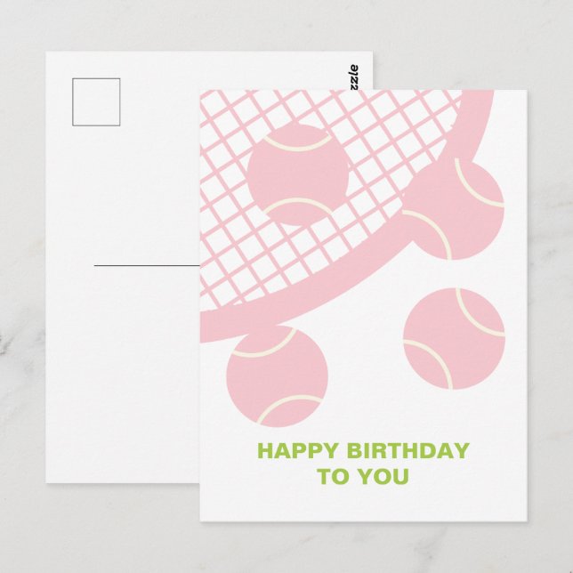 Modern Pink Tennis Ball Racket Happy Birthday Postkarte (Vorne/Hinten)