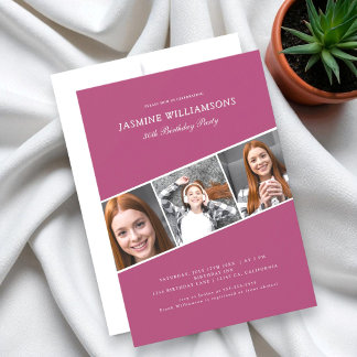 Modern pink three photo collage birthday einladung