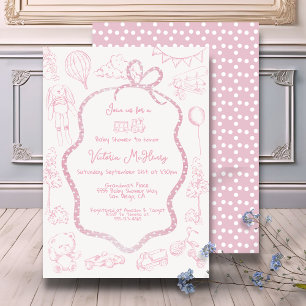 Modern Pink Toile de Jouy Baby Showgirl Einladung