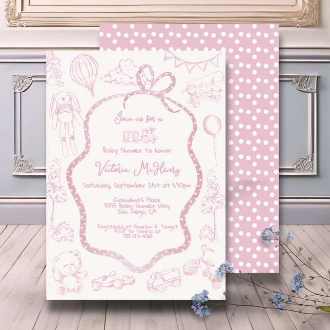 Modern Pink Toile de Jouy Baby Showgirl Einladung (Von Creator hochgeladen)