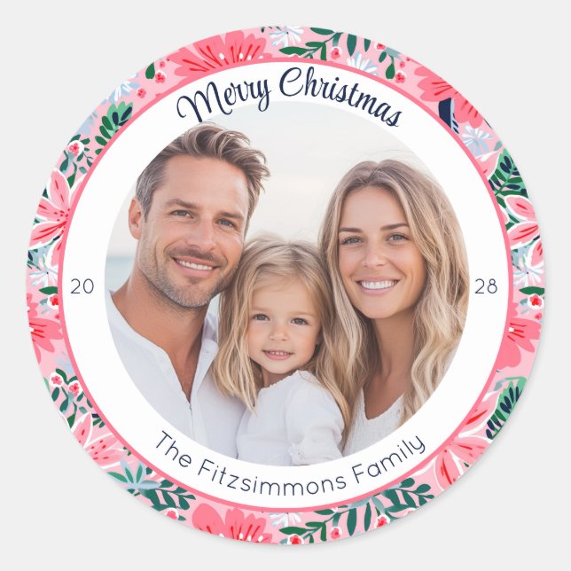 Modern Pink Tropical Holiday Botanical Photo Runder Aufkleber (Vorderseite)