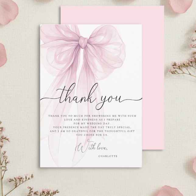 Modern Pink Watercolor Bow Bridal Shower Dankeskarte (Von Creator hochgeladen)