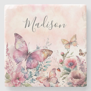 Modern Pink Watercolor Butterfly Wilde Blume Steinuntersetzer