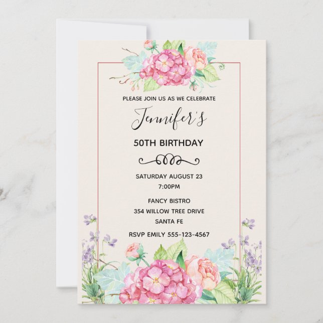Modern Pink Watercolor Floral Bouquet Geburtstag Einladung (Vorderseite)