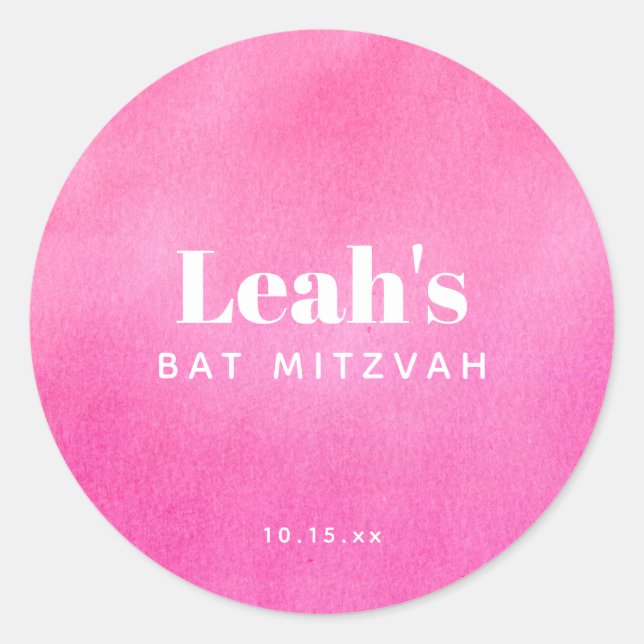 Modern Pink Watercolor Trendy Custom Bat Mitzvah Runder Aufkleber (Vorderseite)