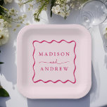 Modern Pink Wavy Frame Wedding Pappteller<br><div class="desc">Add a stylish touch to your wedding reception, rehearsal dinner, engagement party, or wedding shower with these Modern Pink Wavy Frame paper plates. The retro wedding paper plates display the couple's names in bold pink lettering surrounded by a pink wavy border contrasting with a light pink background. The trendy wedding...</div>