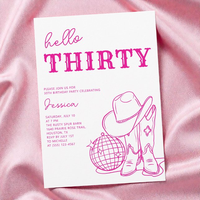 Modern Pink Western Disco 30th Birthday Party Einladung (Modern Pink Western Disco 30th Birthday Party Invitation)