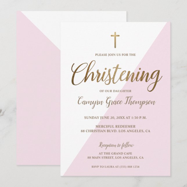 Modern Pink White Gold Christening Baby Girl Einladung (Vorne/Hinten)