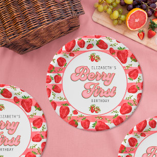 Modern Pink White Strawberry Birthday Berry First Pappteller