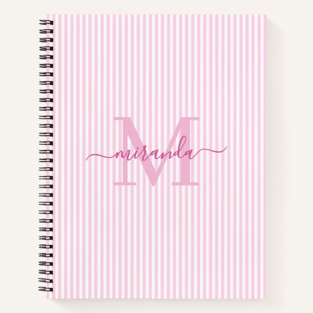 Modern Pink & White Stripes Monogram Name Notizbuch (Vorderseite)