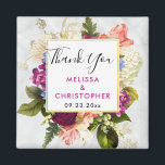 Modern Pink & White Watercolor Floral Wedding Magnet<br><div class="desc">Wir bedanken uns für den Magneten mit hübschem Aquarelldesign. Eine Blumenstruktur mit vielen verschiedenen Blume in Rot-,  Rosa- und Weißtönen und viel grünem Blattwerk. Ein überlagerter Rahmen mit einem Imitat-vergoldeten Rahmen. Elegantes Design. Hintergrund aus weißem Marmor.</div>