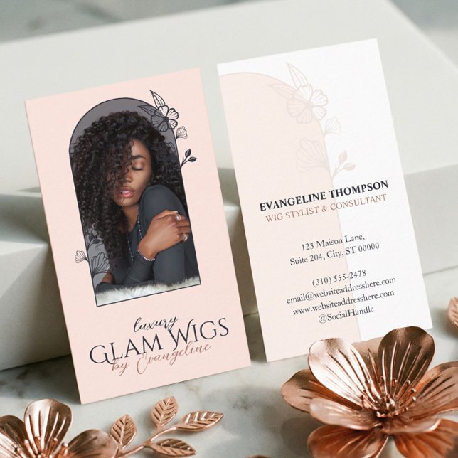 Modern Pink Wig Hair Salon Floral Rose Arch Photo Visitenkarte (Modern Pink Wig Hair Salon Floral Rose Arch Photo Business Card)