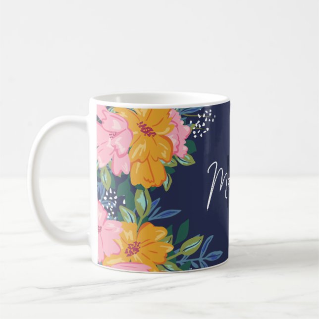 Modern Pink & Yellow Floral Arrangement Monogram Kaffeetasse (Links)
