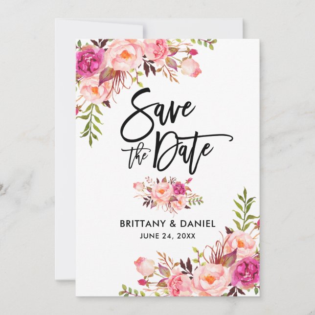 Modern Pinselschrift Rosa Blütenbraun Save The Date (Vorderseite)