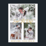 Modern Pinselschrift Save the Date 3 Foto Gold Postkarte<br><div class="desc">Modern Brush Script Save the Date Verlobung Paar 3 Foto Gold Postkarte</div>