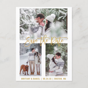Modern Pinselschrift Save the Date 3 Foto Gold Postkarte