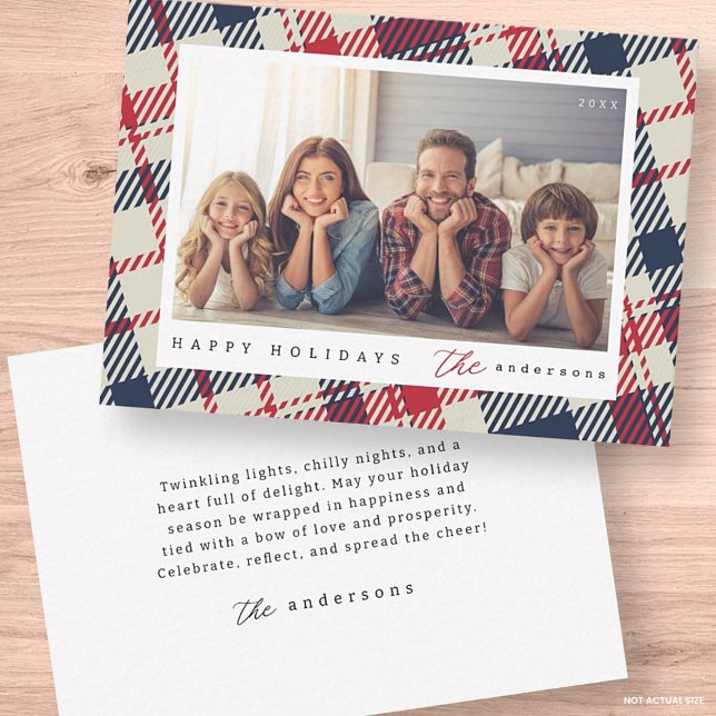 Modern Plaid Pattern Christmas Custom Family Photo Mitteilungskarte (Von Creator hochgeladen)