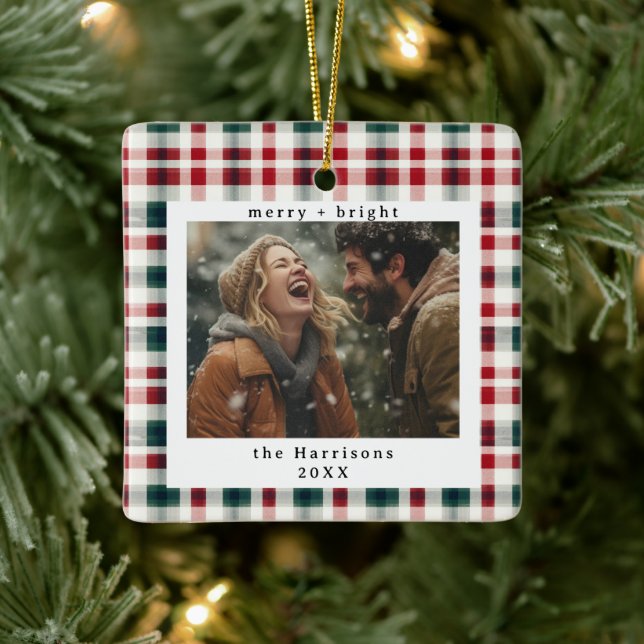 Modern Plaid Rustic Monogram Photo Christmas Keramikornament (Baum)