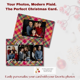 Modern Plaid Tartan 4 Photo Christmas Holiday Card Feiertagskarte