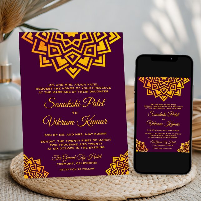 Modern Plum Gold Mandala Indian Wedding Einladung (Von Creator hochgeladen)