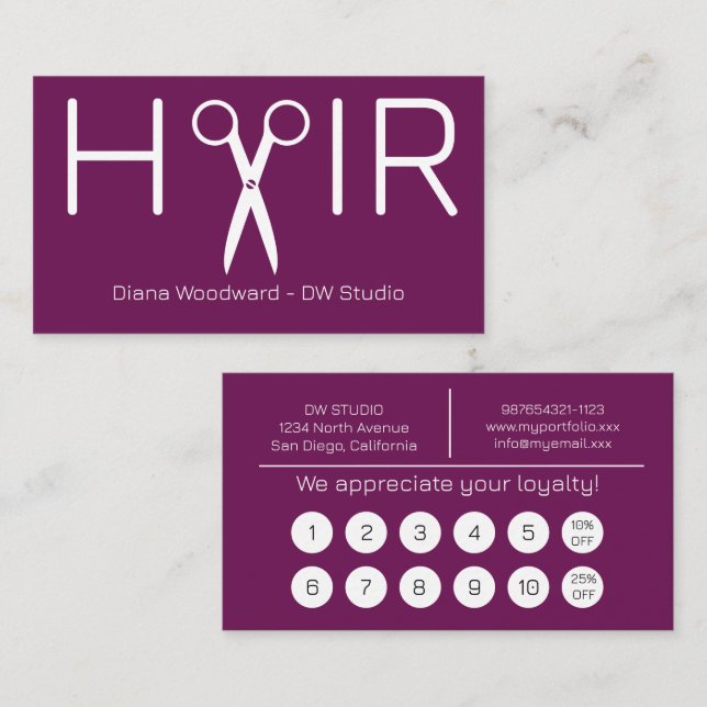 Modern Plum Hairdresser Flat Loyalty Card Treuekarte (Vorne/Hinten)