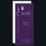 Modern Plum Noir Vertical Floral 50th Birthday Einladung<br><div class="desc">Modern Plum Noir Vertical Floral 50th Birthday Invitation. Celebrate a landmark milestone with this bold and vibrant 50th birthday invitation. The design features a striking purple background contrasted with a single, delicate blue flower stem and unique vertical lettering. This slim tea-length card is ideal for a modern woman's birthday dinner...</div>