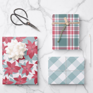 Modern Poinsettia Buffalo Karo + Kariert Geschenkpapier Set