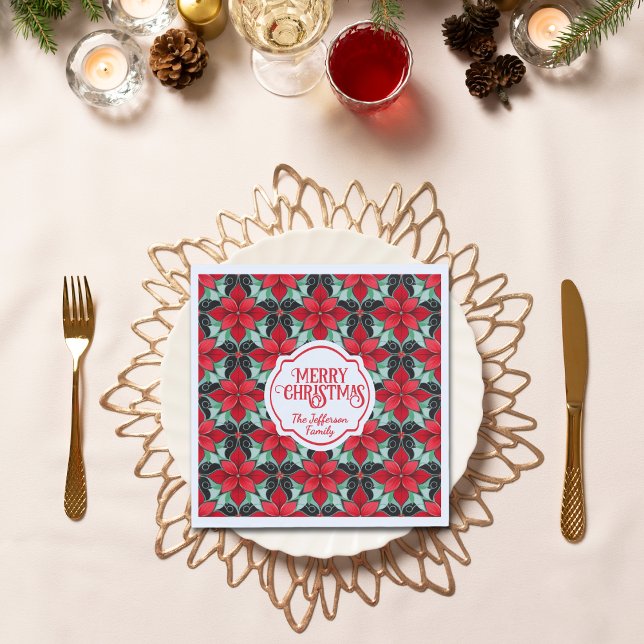 Modern Poinsettia pattern christmas black bg Serviette (Von Creator hochgeladen)