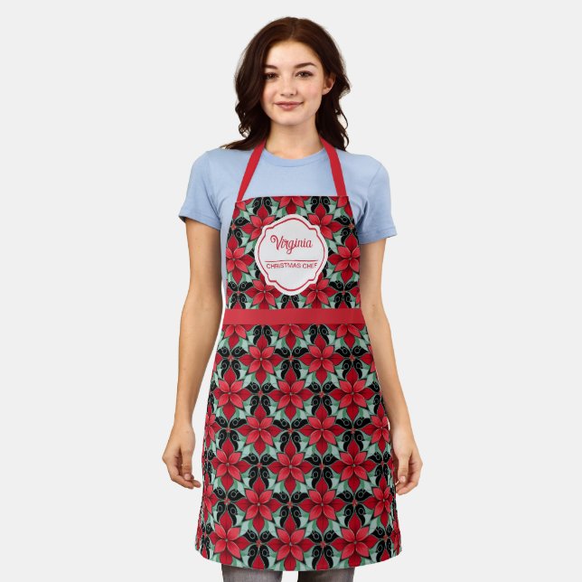 Modern Poinsettia pattern christmas chef black bg Schürze (Getragen)