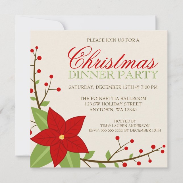 Modern Poinsettia Weihnachtsfest Abendessen Party Einladung (Vorderseite)