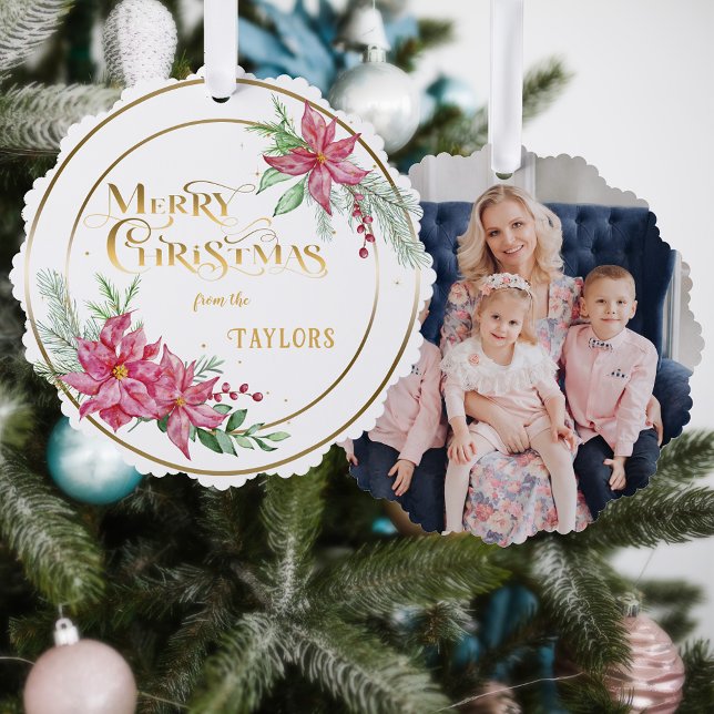 Modern Poinsettia Wreath w/Kalligrafy Foto Ornament Karte (Von Creator hochgeladen)