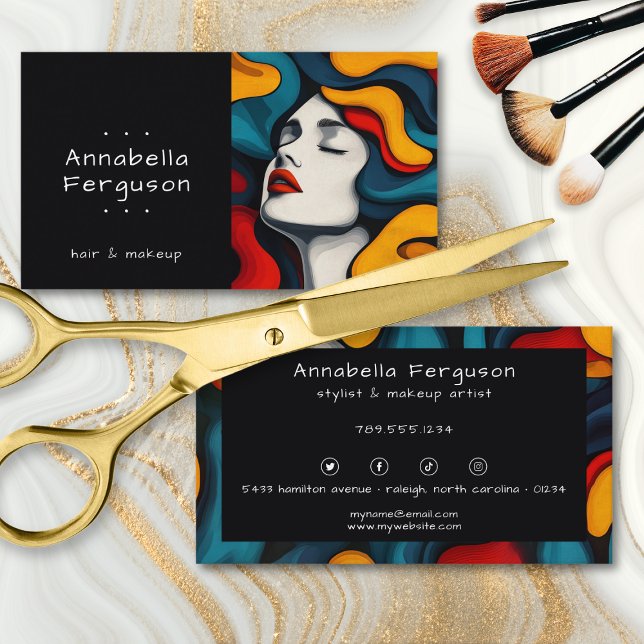 Modern Pop Art Retro Colorful Hair Makeup Visitenkarte (Modern Pop Art Retro Colorful Hair Makeup Business Card)