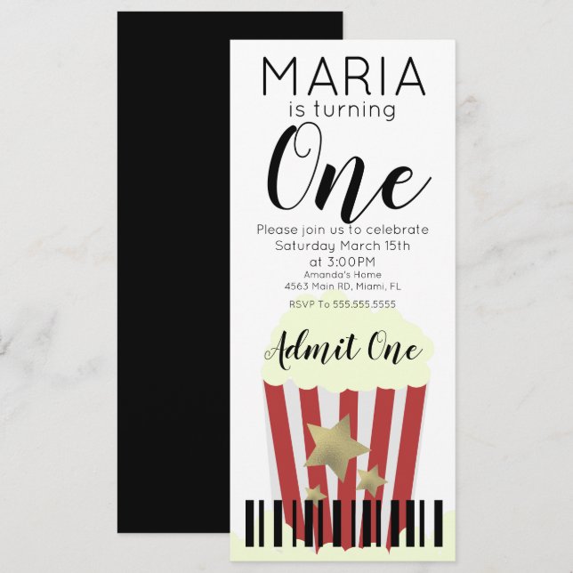 Modern Popcorn Movies Ticket Style Party Einladung (Vorne/Hinten)