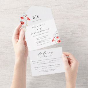 Modern Poppy Red Blume Monogram Wedding All In One Einladung
