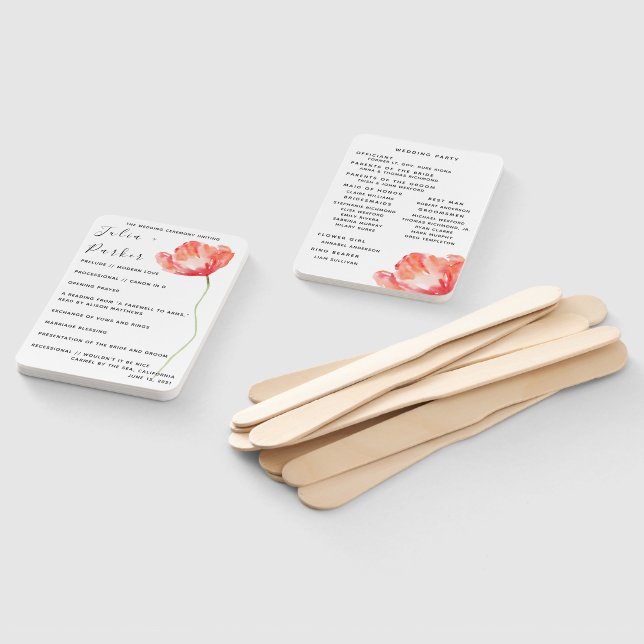 Modern Poppy Red Wedding Program Hand Fan Fächer (Non-assembled)