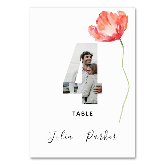 Modern Poppy Red Wedding Tischnummer 4 (Vorderseite)