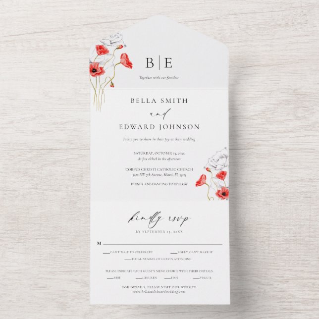Modern Poppy Red Wildblumen Monogram Wedding All In One Einladung (Innen Boden)